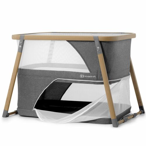 Детско пътуващо легло Kinderkraft SOFI 4 в 1 с мрежести страни и сива основа от плат