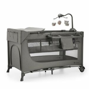 Kinderkraft Joy2 łóżeczko turystyczne, ciemnoszary, rozłożone, z przewijakiem, pałąkiem zabawkowym i schowkiem - Łóżeczko turystyczne