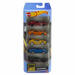 Hot Wheels Nightburnerz 5-ös csomag játékautók, piros, narancssárga, sárga, kék és fekete autóval - Mattel