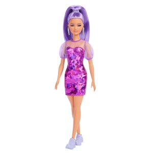 Barbie Fashionista baba lila hajjal és puffos vállú ruhával