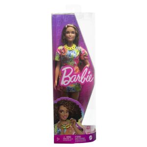 Bábika Barbie Fashionistas s hnedými kučeravými vlasmi, oblečená v farebných šatách s potlačou Good Vibes, modré čižmy a neonový náhrdelník - Mattel