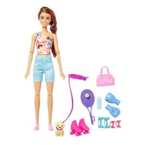 Barbie Sportiva Puppe mit Zubehör: Tennisschläger, Rollschuhe, Gewichte, Boxhandschuhe und Welpe - Mattel