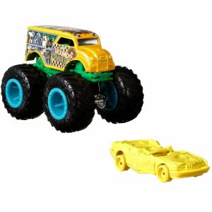 Hot Wheels Monster Trucks Hound Hauller szörny teherautó játék, sárga és zöld, összetört autóval - Mattel