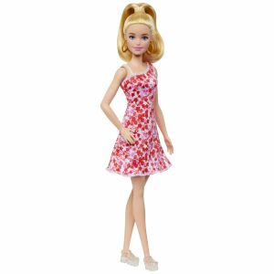 Lalka Barbie Fashionistas o blond włosach w kucyku, w czerwono-różowej sukience w kwiaty i przezroczystych sandałach na platformie - Mattel Baba