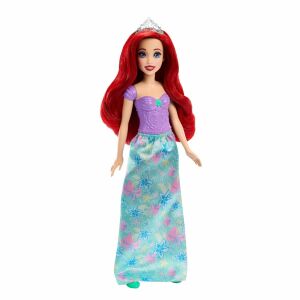 Lalka Disney Princess Ariel, ubrana w fioletową sukienkę z motywem muszelki i zieloną spódnicę w kwiatowy wzór, nosi tiarę i ma rude włosy - Mattel Baba