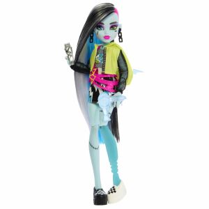 Monster High Neon Frights Frankie Stein baba, neon zöld és kék hajjal, fekete és sárga dzsekivel, fekete-fehér kockás nadrággal és fekete-fehér cipővel - Mattel
