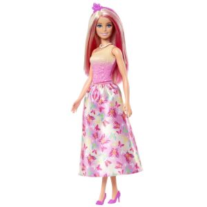 Papusa Barbie cu păr roz și blond, îmbrăcată într-o rochie roz cu fluturi - Mattel Baba