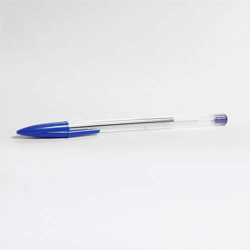 Blue ballpoint pen, disposable, clear body, blue cap