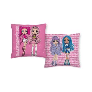 Rainbow High díszpárna két babával az egyik oldalon és a Rainbow High logó ismétlődő mintájával a másik oldalon - Díszpárna