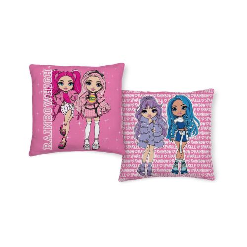 Rainbow High díszpárna két babával az egyik oldalon és a Rainbow High logó ismétlődő mintájával a másik oldalon
