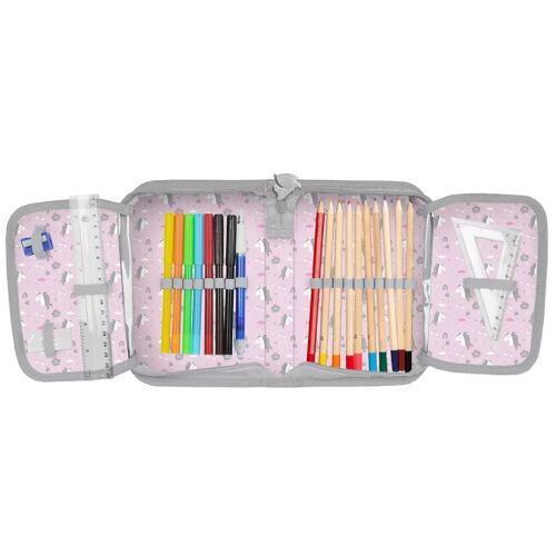 Nyitott Unikornis tolltartó írószerekkel