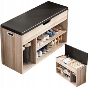 Fodym Schuhschrank aus heller Eiche mit 2 Regalen und Aufbewahrungsbank, schräge Ansicht - Schuhregale