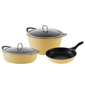Winning Star 3-teiliges Antihaft-Kochgeschirr-Set, gelb, zeigt die Bratpfanne, den Topf mit Deckel und einen weiteren Topf - Koch- & Backgeschirr