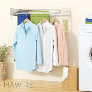 HAWIRE M-100 fém ruhaszárító, falra szerelhető, kihúzható, fehér, ruhákkal - Ruhaszárító