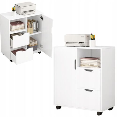 Koláž bieleho stojana na tlačiareň s otvoreným a zatvoreným úložným priestorom