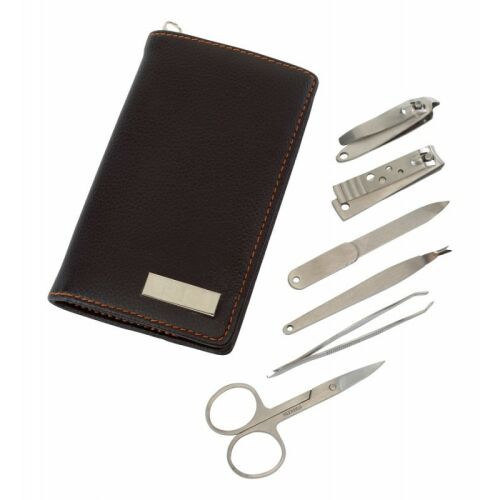 Manikűrkészlet körömvágókkal, ollóval, csipesszel és körömreszelőkkel barna bőr tokban