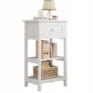 Fodym biely drevený nočný stolík so zásuvkou a policami, loft štýl - Knižnice a regály