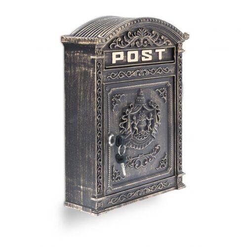 Antik postaláda széles nyílással, sötétbarna színben, kulccsal - Postaláda