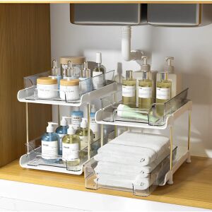 Fürdőszobai szervező két csúszó tálcával, tökéletes megoldás a kozmetikumok, törölközők és egyéb fürdőszobai kellékek tárolására - Fürdőszoba bútor