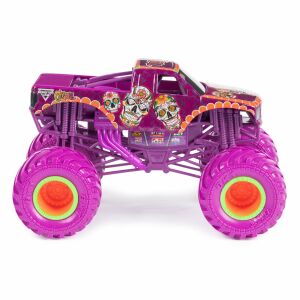 Monster Jam Calavera 1:24 méretarányú szörny teherautó játék, lila koponya mintával, oldalnézet - Spin Master