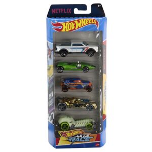 Hot Wheels Let's Race 5-ös játék autó szett, fehér pick-up kisteherautóval, zöld sportkocsival, kék versenyautóval, arany autóval és zöld csontváz autóval - Mattel