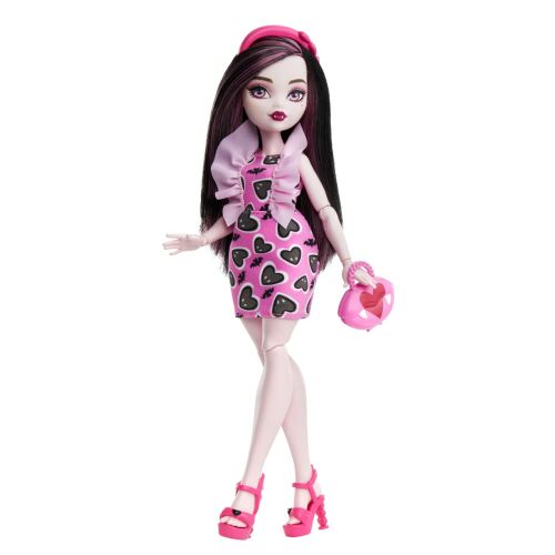 Monster High Draculaura baba rózsaszín ruhában, táskával és cipővel