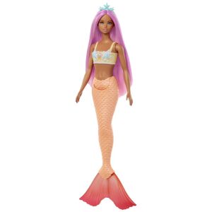 Ganzkörperaufnahme der Barbie Dreamtopia Meerjungfrau Puppe mit rosa Haaren und orangefarbenem Schwanz - Mattel Baba