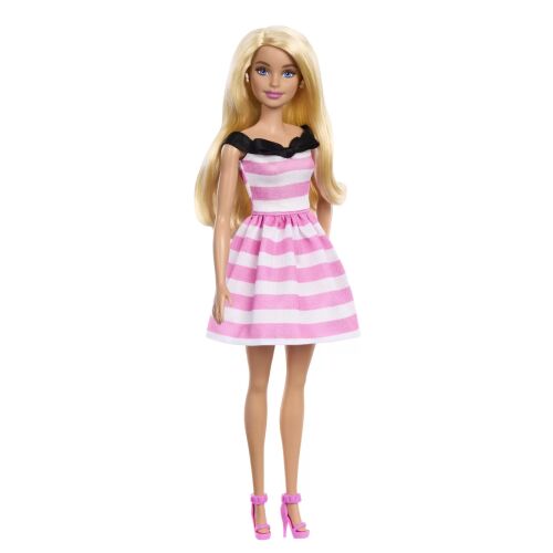 Barbie 65. Évfordulós Baba rózsaszín-fehér csíkos ruhában - Babázás