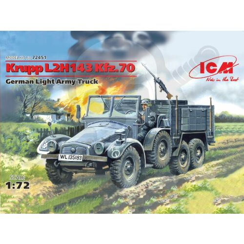 Összeszerelt ICM 1:72 méretarányú Krupp L2H143 Kfz.70 német könnyű hadsereg teherautó modell vidéki úton égő épülettel a háttérben, történelmi kontextust mutatva - Modell és makett