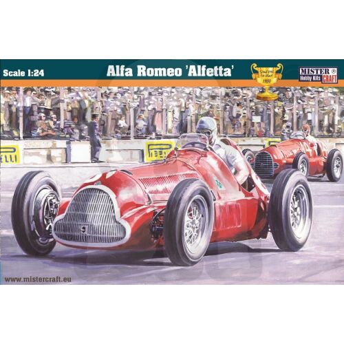 MisterCraft Alfa Romeo Alfetta 1:24 modellkészlet dobozborító, részletes illusztrációval az 1950-es Grand Prix győztes versenyautójáról akcióban, látható méretaránnyal és márkajelzéssel. - Modell és makett