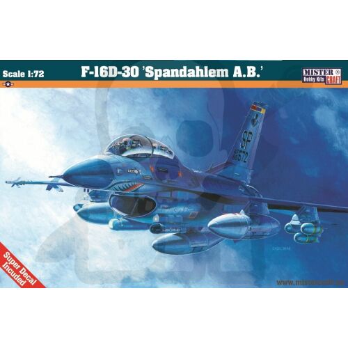 MISTER Hobby Kits F-16D-30 Spangdahlem AB 1:72 méretarányú műanyag repülőgép modell készlet, doboz borító kék vadászrepülőgépet mutat, Super Decal mellékelve - Modell és makett