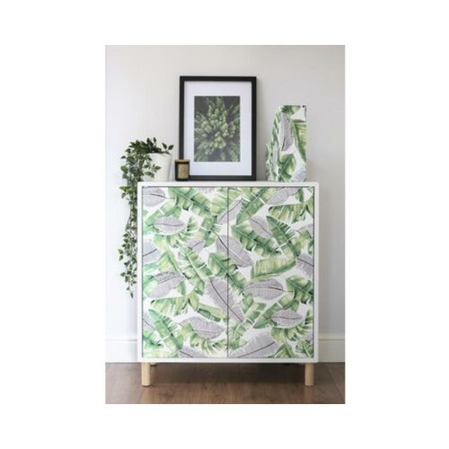 Szekrény dekorálva d-c-fix Liva öntapadós tapétával, trópusi levél mintával