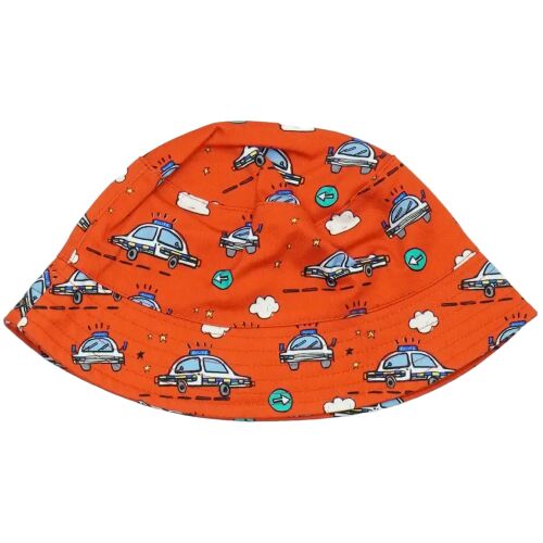 Pomarańczowy kapelusz typu bucket hat Next z nadrukiem samochodów policyjnych, rozmiar 116
