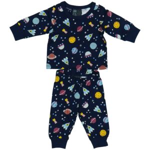 Pijamale albastre cu tematică spațială pentru băieți mici, cu rachete, planete și stele - Bebeluși și copii mici