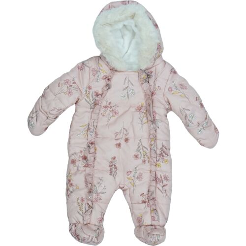 Różowy kombinezon śnieżny dla niemowląt z kwiatowym nadrukiem, rozmiar 62