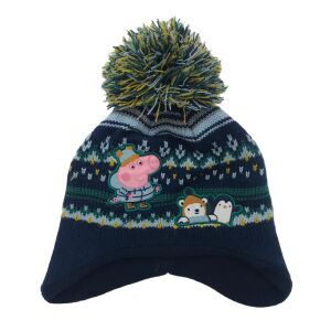 Czapka zimowa dla dzieci z pomponem Peppa Pig, niebieska i zielona czapka dzianinowa z wzorem Peppa Pig, niedźwiedzia polarnego i pingwina - Peppa Pig