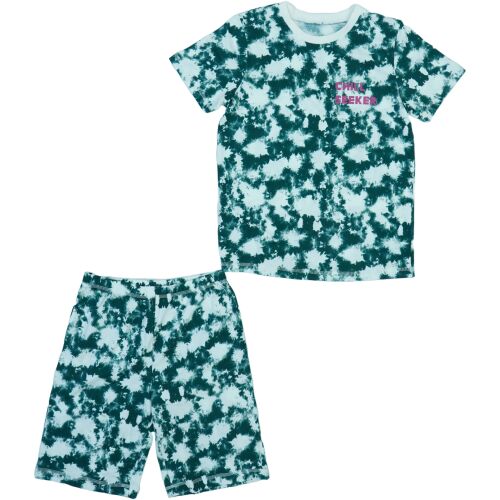 Gyerek pizsama szett, tie dye mintával, rövid ujjú póló és rövidnadrág, zöld és fehér szín, Chill Seeker márka