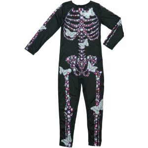 Schwarzes Skelettkostüm mit lila und rosa Strasssteinen und silbernem Schmetterling für Kinder, Größe 140 - George