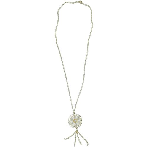 Zlatý retiazkový náhrdelník s kvetinovým príveskom s perlami a kamienkami