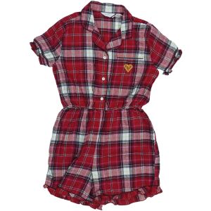 Krótkiruchowy pajacyk do spania w kratę czerwoną i białą z złotym sercem dla dziewczynek - Piżama dziecięca, koszula nocna