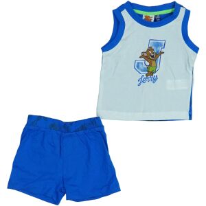 Set pijama băieți Tom și Jerry, mărimea 68, cu Jerry pe un maiou alb și pantaloni scurți albaștri cu accente florale. - Modă și îmbrăcăminte