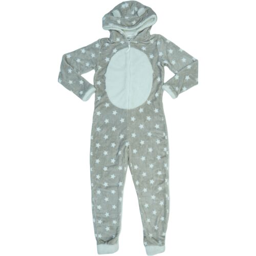 Szürke és fehér csillagos mintás pizsama mackó fülekkel és fehér körrel az elején