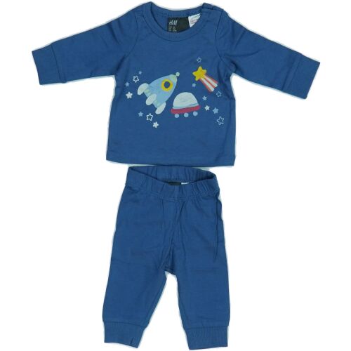 Modrá detská pyžama s potlačou vesmírnej rakety, dlhý rukáv a nohavice, veľkosť 50