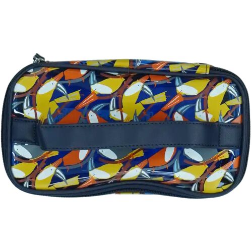 Dunkelblaue transparente Kosmetiktasche mit gelbem und orangem Tukanmuster