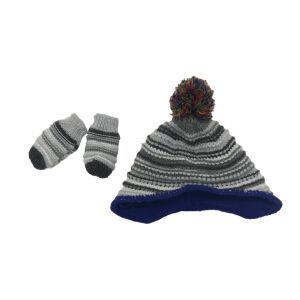 Graue und weiße gestreifte Strickmütze mit blauem Futter und Bommel, passende graue und weiße gestreifte Strickhandschuhe - TU