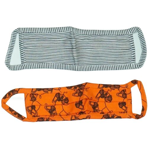 Zestaw 2 masek do twarzy: jedna w czarno-białe paski i jedna z pomarańczowym wzorem kontrolera