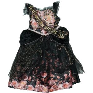 Костюм Halloween Queen за момичета, черна кадифена и тюлена рокля с розов модел и корона - Костюм за деца