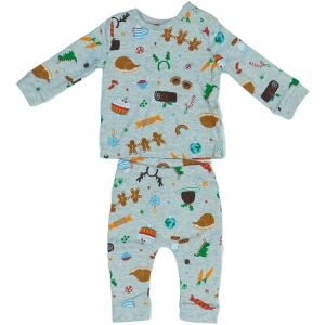 Karácsonyi pizsama baba számára, szürke színű, mézeskalács emberkékkel és karácsonyi étel mintával, hosszú ujjú felső és nadrág - George