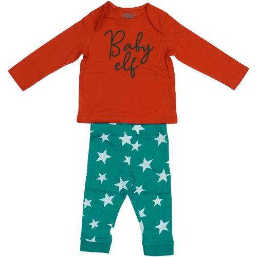 Set pijama Baby Elf, tricou roșu cu mânecă lungă și pantaloni verzi cu stele, Mărime 74