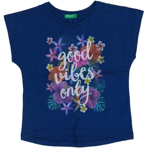 Kék 'Good Vibes Only' virágmintás rövid ujjú póló lányoknak - Benetton